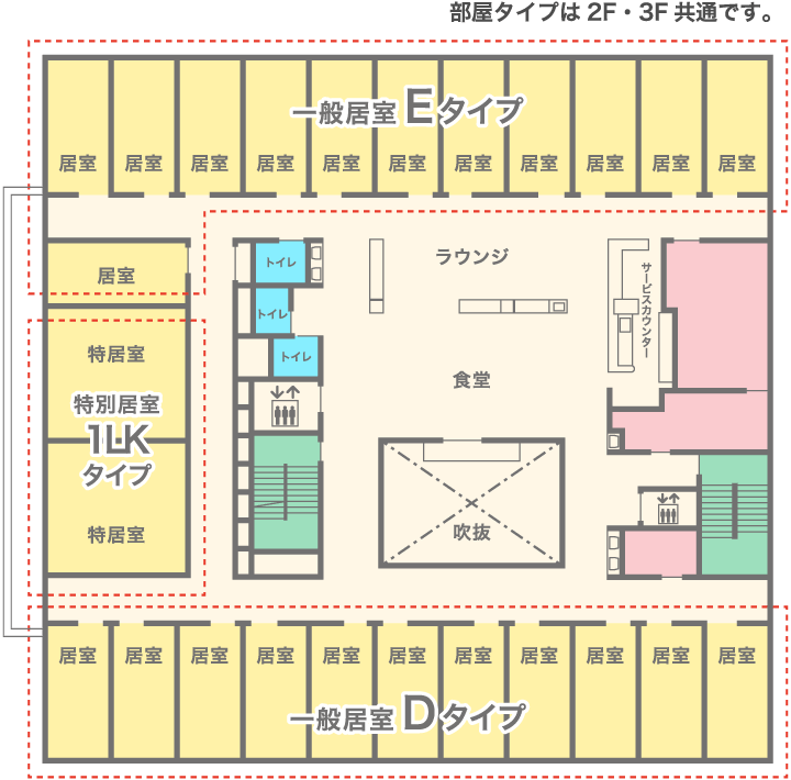 部屋タイプは2F・3F共通です。